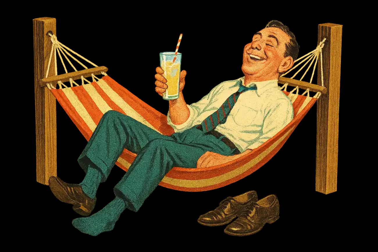 A blissful man in a loosened tie, swinging in a hammock with a glass of lemonade.