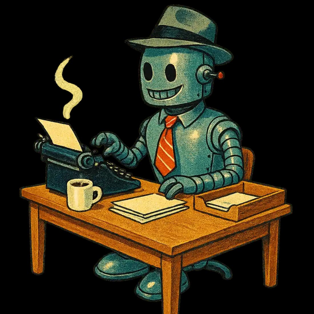 A cheerful chrome robot in a fedora and necktie, typing away at your desk.