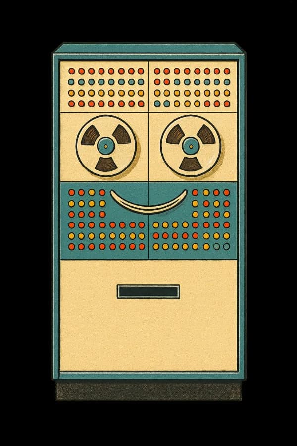 A room-sized 1950s computer with blinking lights, tape-reel eyes and a ticket slot.