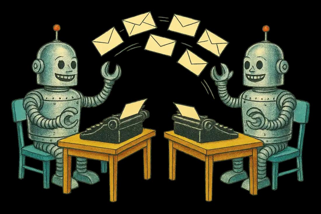 Two robots at typewriters, a joyful arc of envelopes flying back and forth between them.