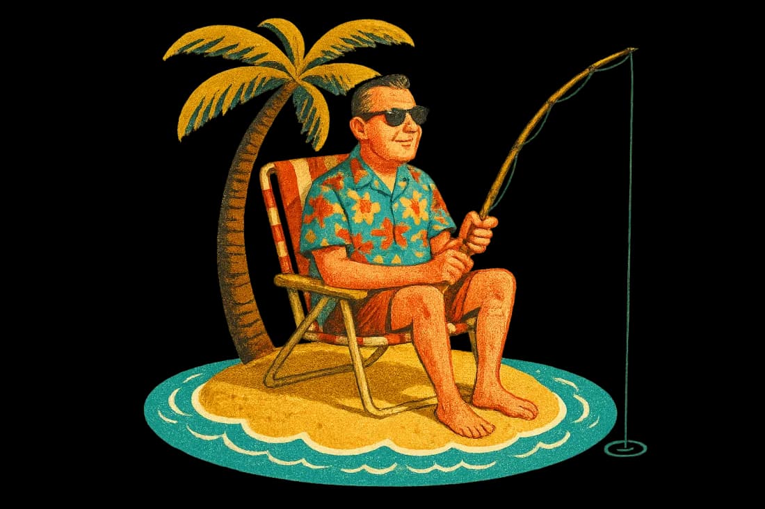 A very relaxed man in a beach chair, fishing from a tiny desert island.