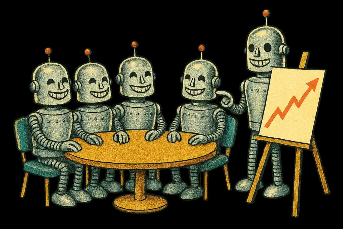 Four identical robots around a conference table, nodding in agreement at a chart.